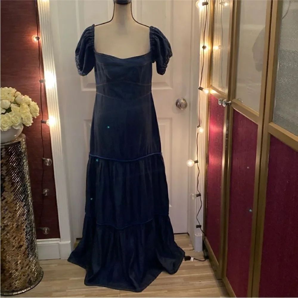 Navy Blue Puff Sleeve denim Maxi Dress, L